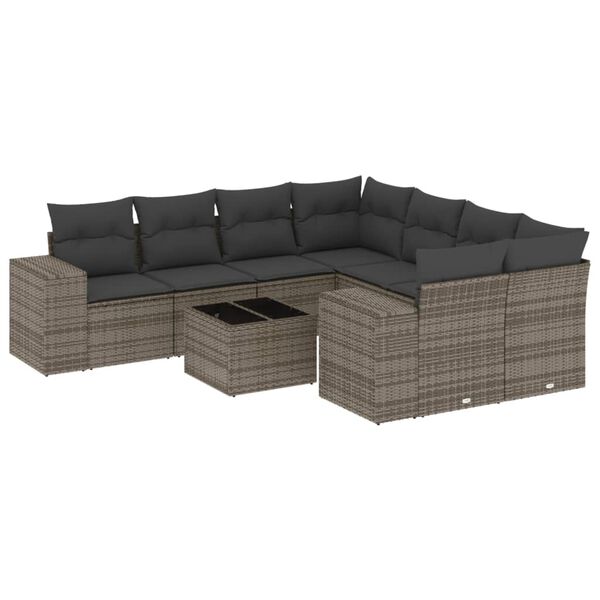 vidaXL Set de muebles de jard&iacute;n 9 pzas y cojines rat&aacute;n sint&eacute;tico gris