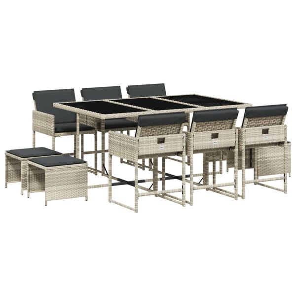 vidaXL Set de comedor de jard&iacute;n 11 pzas y cojines rat&aacute;n sint&eacute;tico gris