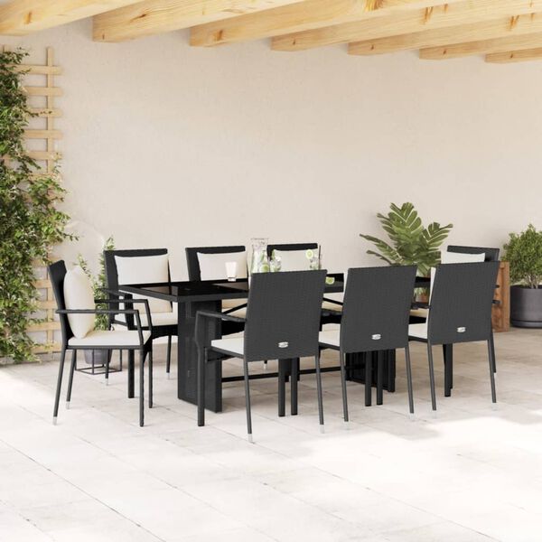 vidaXL Set de comedor de jard&iacute;n 9 pzas y cojines rat&aacute;n sint&eacute;tico negro