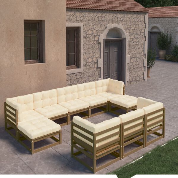 vidaXL Set de muebles de jard&iacute;n 10 pzs cojines madera pino marr&oacute;n miel