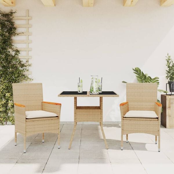 vidaXL Set comedor jard&iacute;n 3 pzas cojines rat&aacute;n sint&eacute;tico vidrio beige