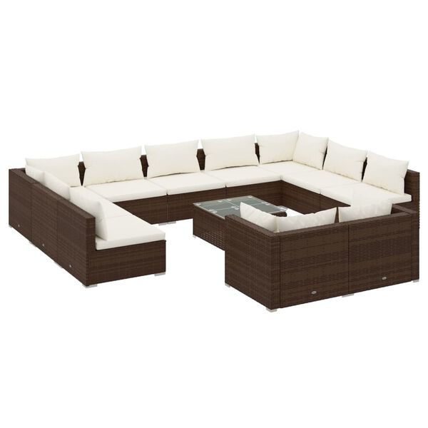 vidaXL Set muebles de jard&iacute;n 12 pzas y cojines rat&aacute;n sint&eacute;tico marr&oacute;n