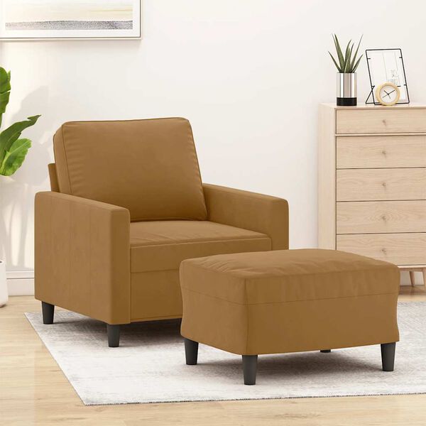 vidaXL Sill&oacute;n con taburete terciopelo marr&oacute;n 60 cm