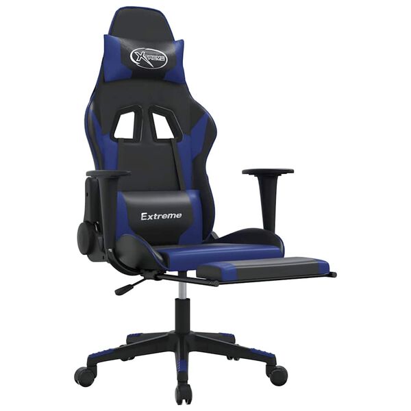 vidaXL Silla gaming de masaje y reposapiés cuero sintético negro azul