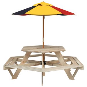 vidaXL Mesa de picnic hexagonal 6 ni&ntilde;os agujero sombrilla madera abeto