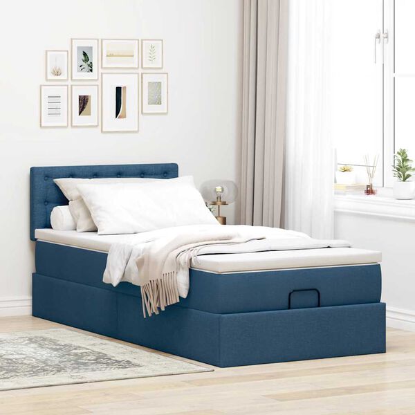 vidaXL Cama otomana con colch&oacute;n y luces LED azul 90x200 cm Tela