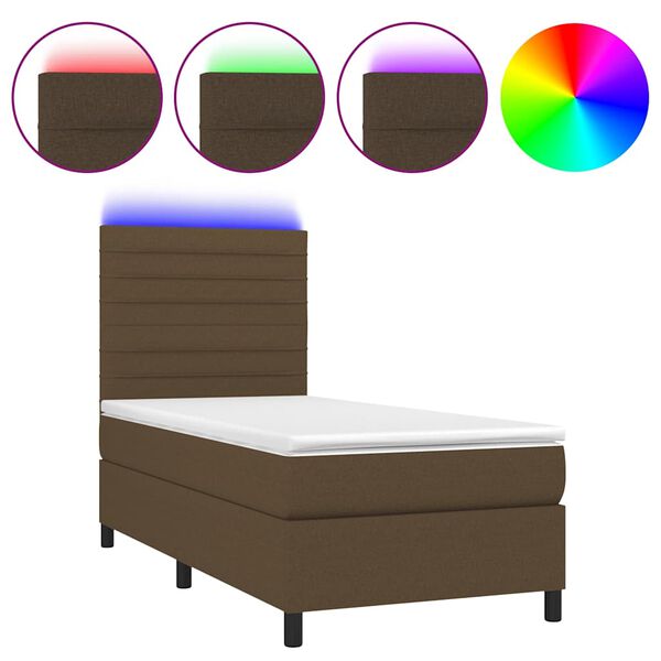 vidaXL Cama box spring colch&oacute;n y luces LED tela marr&oacute;n oscuro 90x200cm