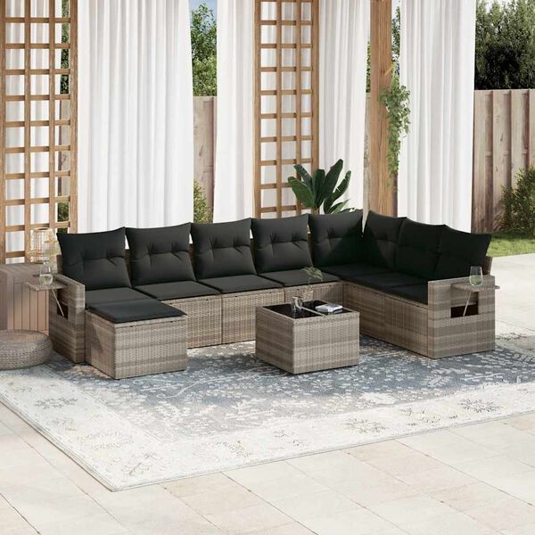 vidaXL Set muebles jard&iacute;n 9 pzas y cojines rat&aacute;n sint&eacute;tico gris claro