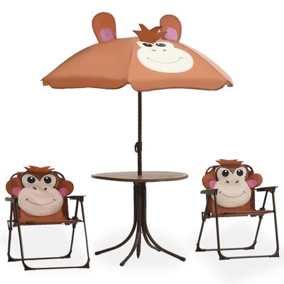 vidaXL Mesa y sillas de jardín infantil 3 piezas con sombrilla marrón