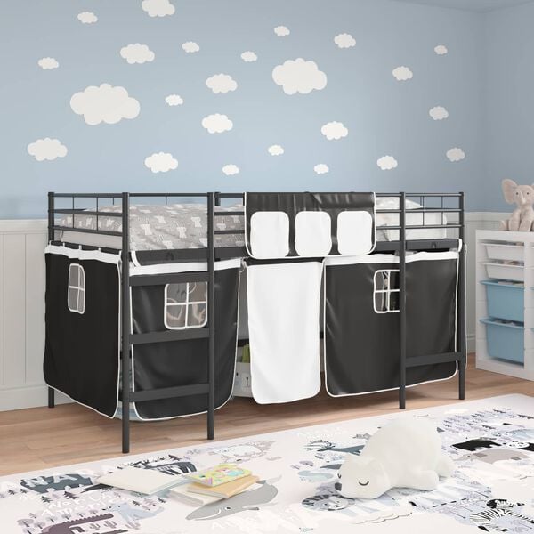 vidaXL Estructura de Cama Alta para Ni&ntilde;os con Cortinas Negro