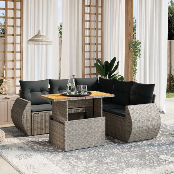 vidaXL Set de muebles de jard&iacute;n 6 pzas y cojines rat&aacute;n sint&eacute;tico gris