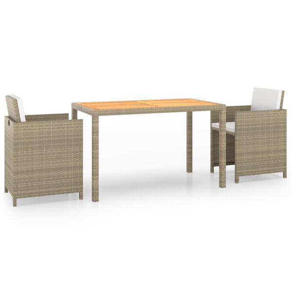 vidaXL Set comedor de jard&iacute;n 3 pzas con cojines rat&aacute;n sint&eacute;tico beige