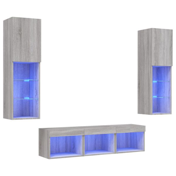 vidaXL Muebles TV pared con LED 5 pzas madera ingenier&iacute;a gris Sonoma
