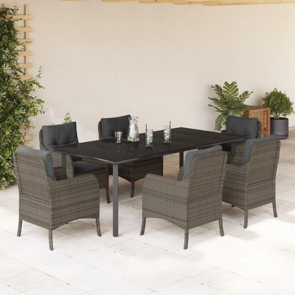 vidaXL Set comedor jard&iacute;n 7 pzas y cojines rat&aacute;n sint&eacute;tico gris