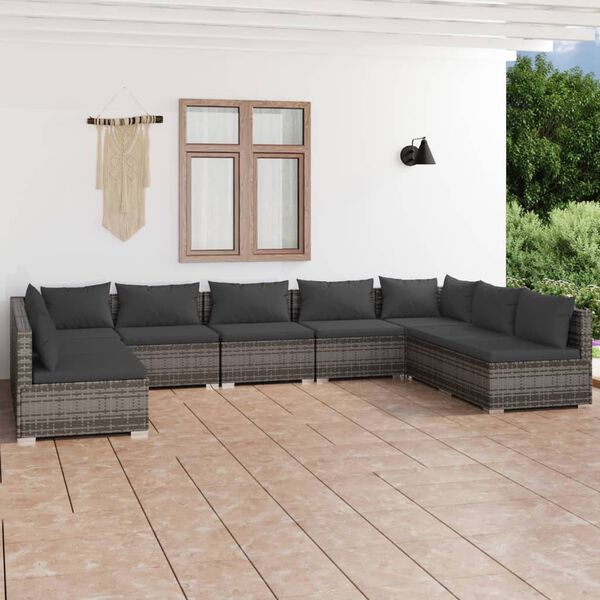 vidaXL Set de muebles de jard&iacute;n 9 pzas y cojines rat&aacute;n sint&eacute;tico gris