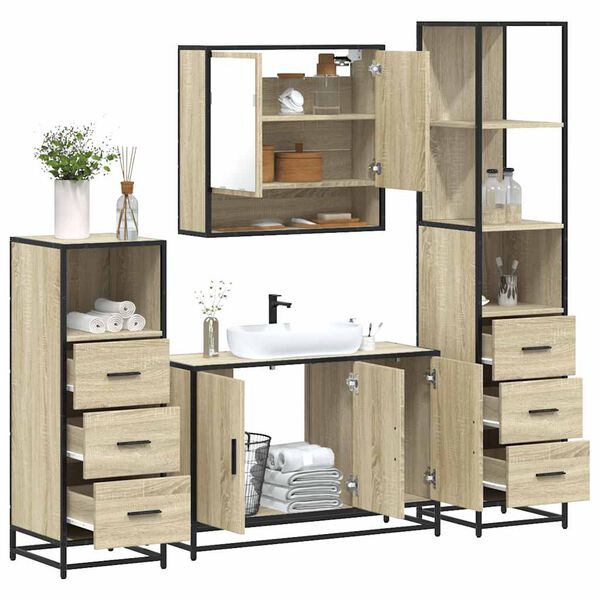 vidaXL Juego de muebles de ba&ntilde;o 4 pzas contrachapada roble sonoma