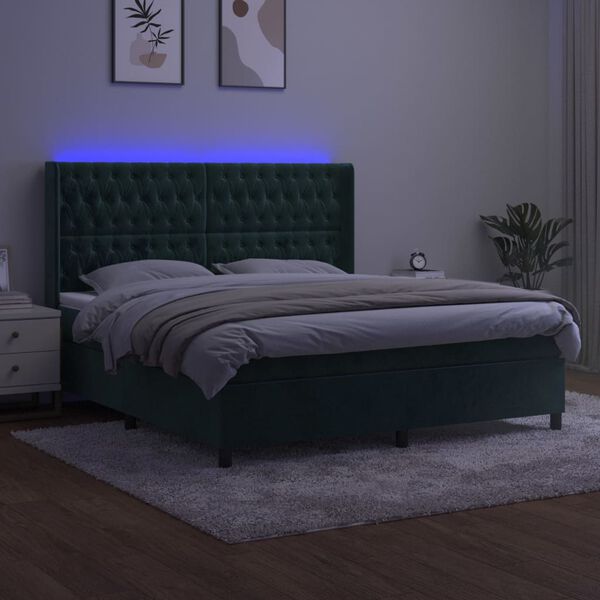 vidaXL Cama box spring colch&oacute;n y LED terciopelo verde oscuro 160x200cm