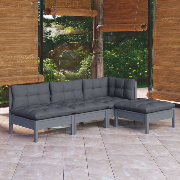 vidaXL Juego de muebles de jard&iacute;n 4 pzas y cojines madera pino gris