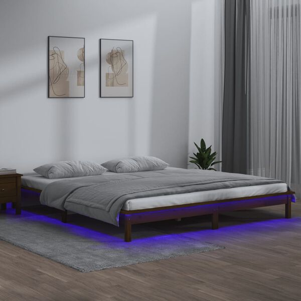 vidaXL Estructura de cama con LED madera maciza marr&oacute;n miel 160x200 cm