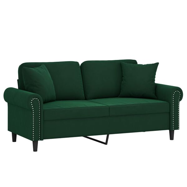 vidaXL Sof&aacute; 2 plazas almohadas y cojines terciopelo verde oscuro 140cm
