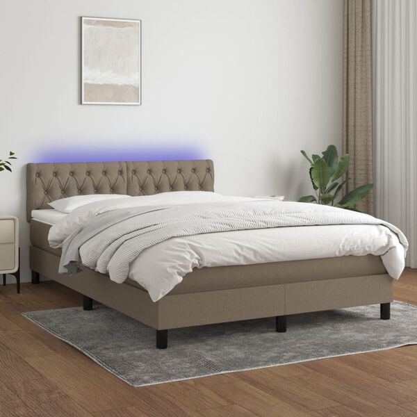 vidaXL Cama box spring colch&oacute;n y luces LED tela gris taupe 140x190 cm