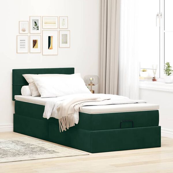 vidaXL Estructura de cama otomana con colch&oacute;n terciopelo verde oscuro