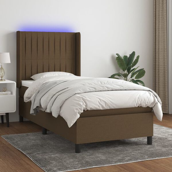 vidaXL Cama box spring colch&oacute;n luces LED tela marr&oacute;n oscuro 100x200cm