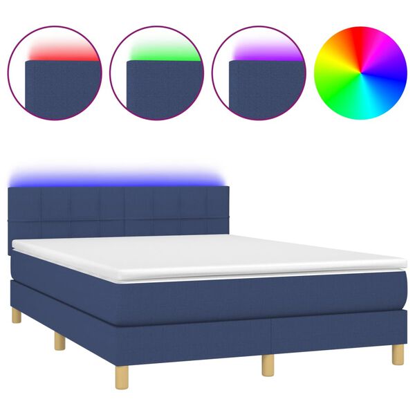 vidaXL Cama box spring colch&oacute;n y luces LED tela azul 140x190 cm