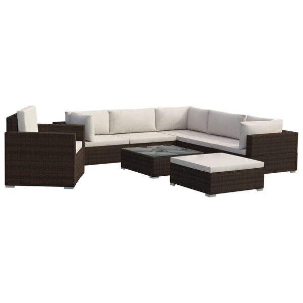 vidaXL Set muebles de jard&iacute;n 8 piezas y cojines rat&aacute;n sint&eacute;tico marr&oacute;n
