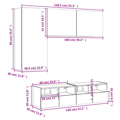 vidaXL Muebles de TV de pared 4 pzas madera ingeniería gris hormigón