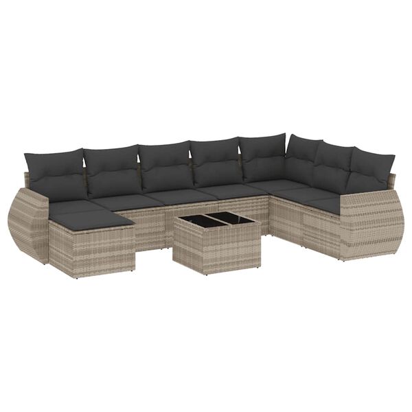 vidaXL Set muebles jard&iacute;n 9 pzas y cojines rat&aacute;n sint&eacute;tico gris claro