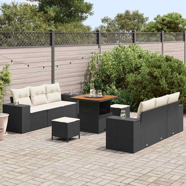 vidaXL Conjunto de sof&aacute; de jard&iacute;n con coj&iacute;n 9 pcs Negro y crema