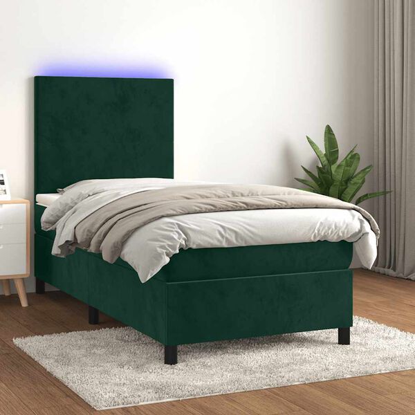 vidaXL Cama box spring colch&oacute;n y LED terciopelo verde oscuro 80x200 cm