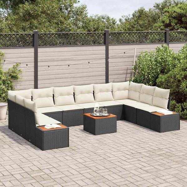 vidaXL Conjunto de sof&aacute; de jard&iacute;n 11 pcs Negro y crema Polirat&aacute;n