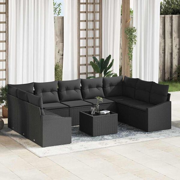 vidaXL Conjunto de sof&aacute; de jard&iacute;n 10 pcs Negro Polirat&aacute;n