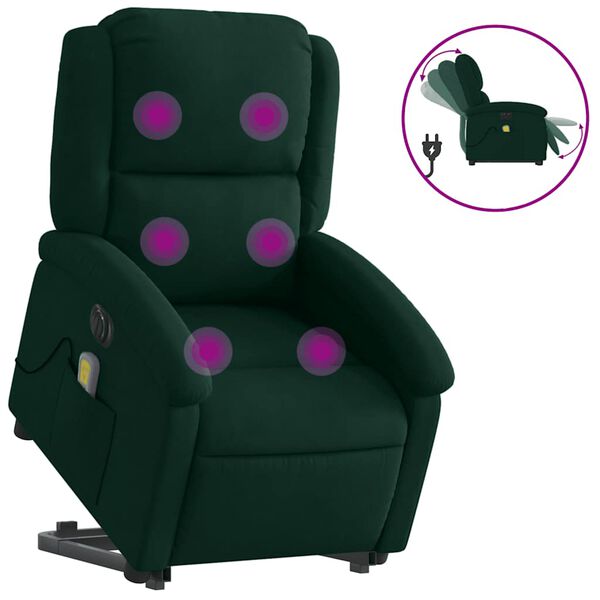 vidaXL Sill&oacute;n masaje reclinable elevable terciopelo verde oscuro