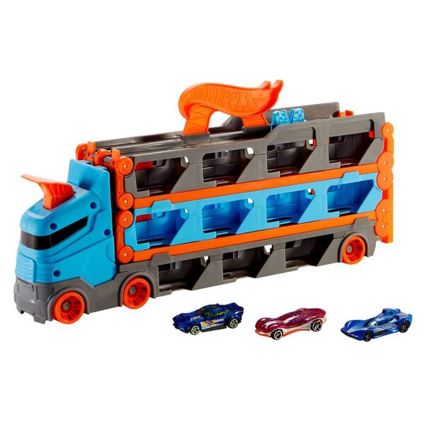 Hot Wheels Cami&oacute;n convertible en pista con coches Speedway Hauler