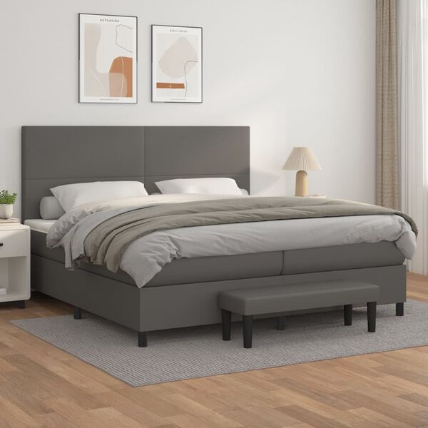 vidaXL Cama box spring con colch&oacute;n cuero sint&eacute;tico gris 200x200 cm