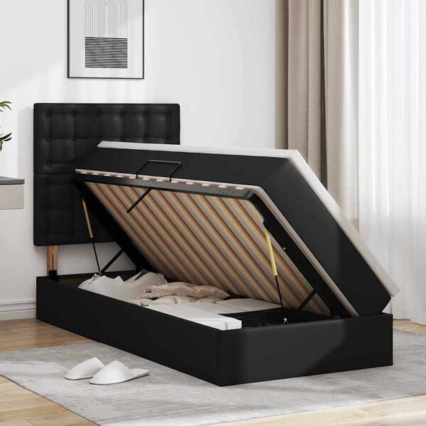 vidaXL Cama con almacenamiento y LED Negro 90 x 190 cm Cuero sint&eacute;tico
