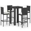 vidaXL Set muebles bar jard&iacute;n 5 piezas y cojines rat&aacute;n sint&eacute;tico negro