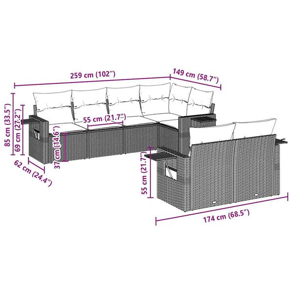 vidaXL Set de sof&aacute;s de jard&iacute;n 7 pzas con cojines rat&aacute;n PE gris claro