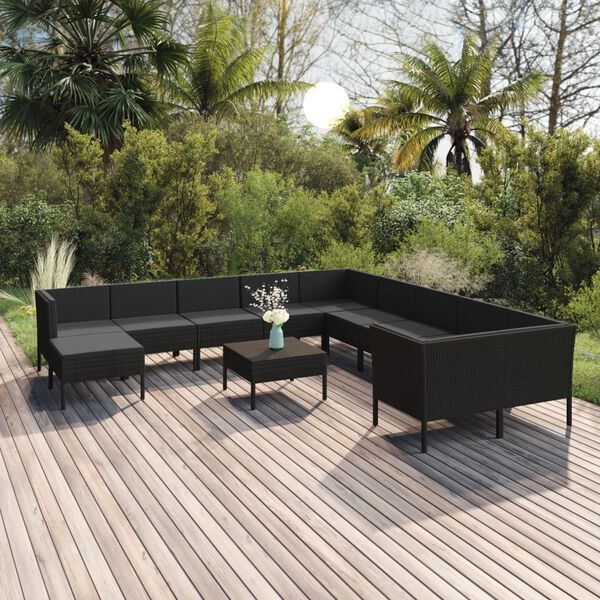 vidaXL Set muebles de jard&iacute;n 12 pzas y cojines rat&aacute;n sint&eacute;tico negro
