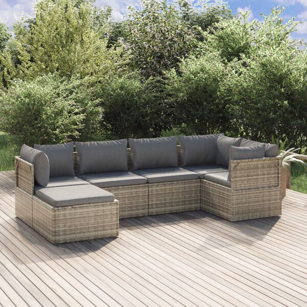 vidaXL Set de muebles de jard&iacute;n 6 pzas y cojines rat&aacute;n sint&eacute;tico gris