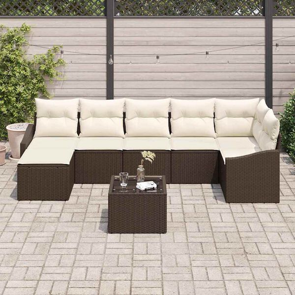 vidaXL Conjunto de sof&aacute; de jard&iacute;n 8 pcs Marr&oacute;n y crema rat&aacute;n sint&eacute;tico