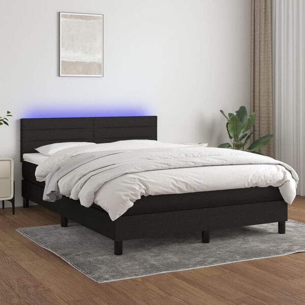 vidaXL Cama box spring colch&oacute;n y luces LED tela negro 140x200 cm