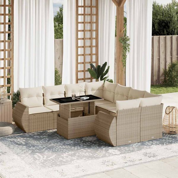 vidaXL Set de sof&aacute;s de jard&iacute;n 9 pzas con cojines rat&aacute;n sint&eacute;tico beige
