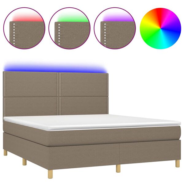 vidaXL Cama box spring colch&oacute;n y luces LED tela gris taupe 180x200 cm