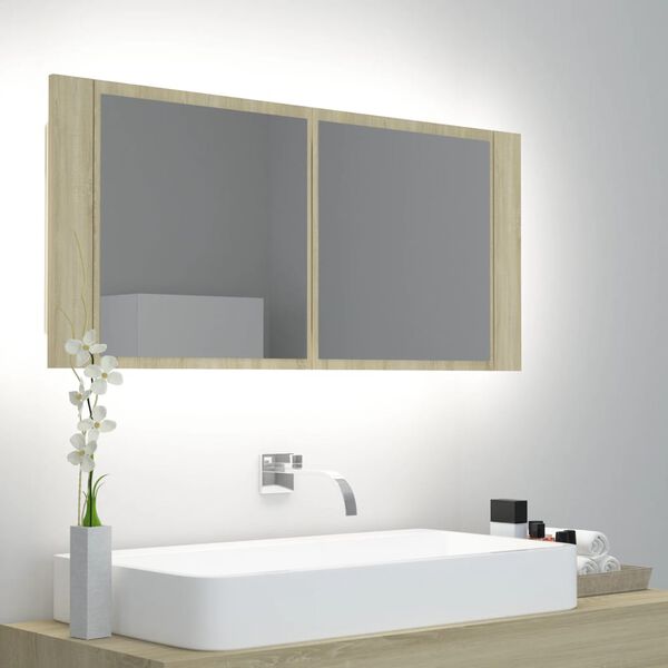 vidaXL Armario espejo de baño LED acrílico roble Sonoma 100x12x45 cm