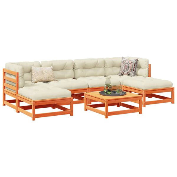 vidaXL Set de sof&aacute;s jard&iacute;n 7 pzas con cojines madera pino marr&oacute;n cera
