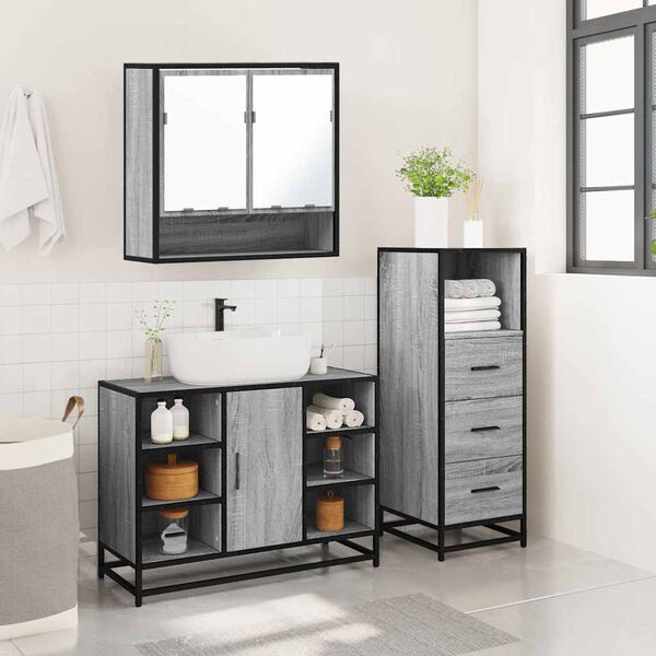 vidaXL Set de muebles de ba&ntilde;o 3 pzas madera contrachapada gris sonoma